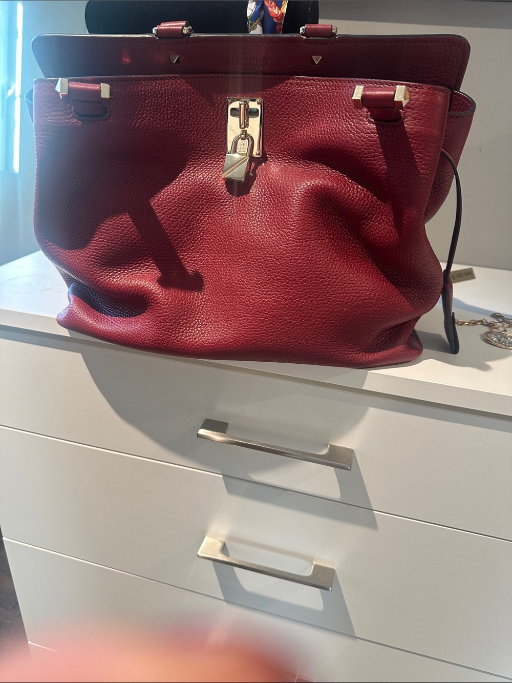 Valentino Red Leather Tote with Gold Lock Hardware
